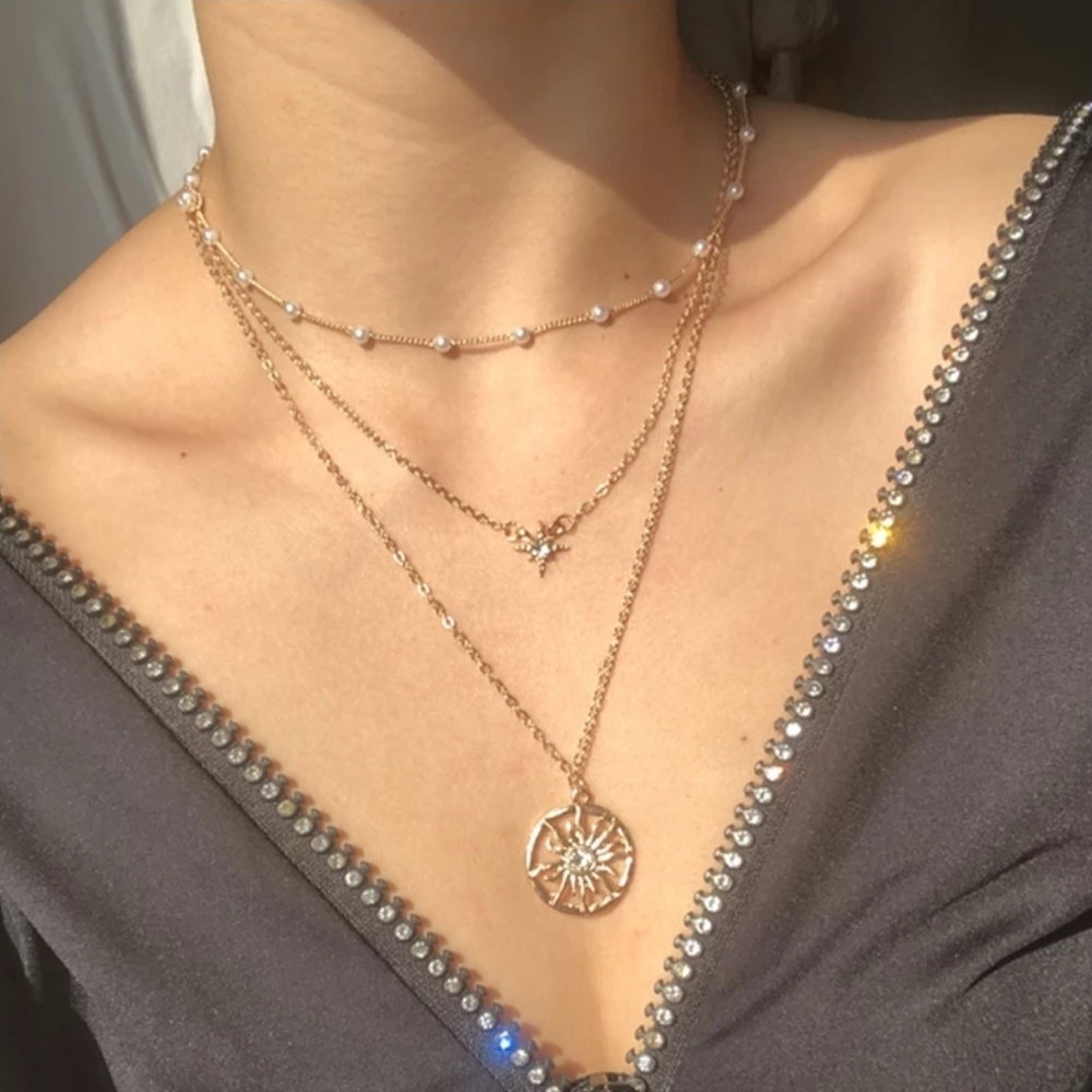 Layered Gold Sunburst Pendant Necklace with Pearl Choker